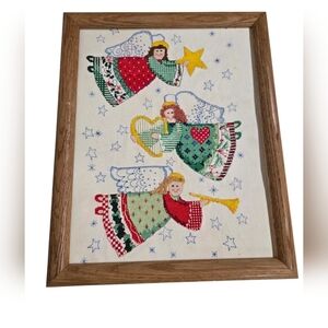 Vintage 1990s Christmas Angel Crosstitch Cottagecore Wall Art